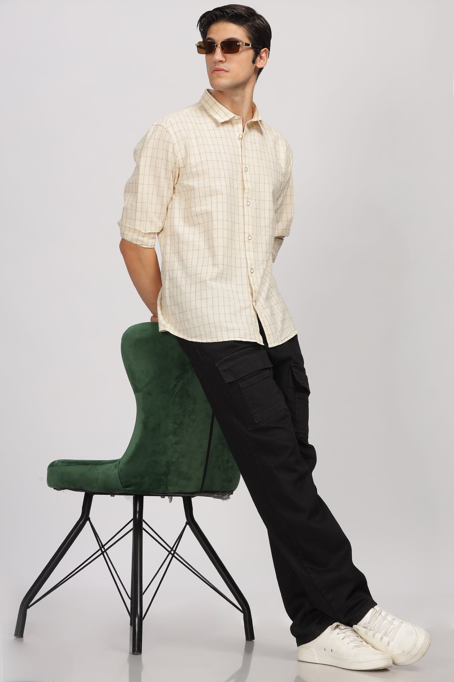 Uri Beige Linen Checked Spread Collar Shirt