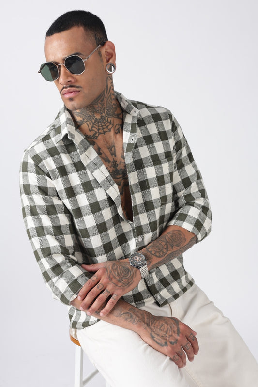 Deep Olive Dobby Check Casual Shirt