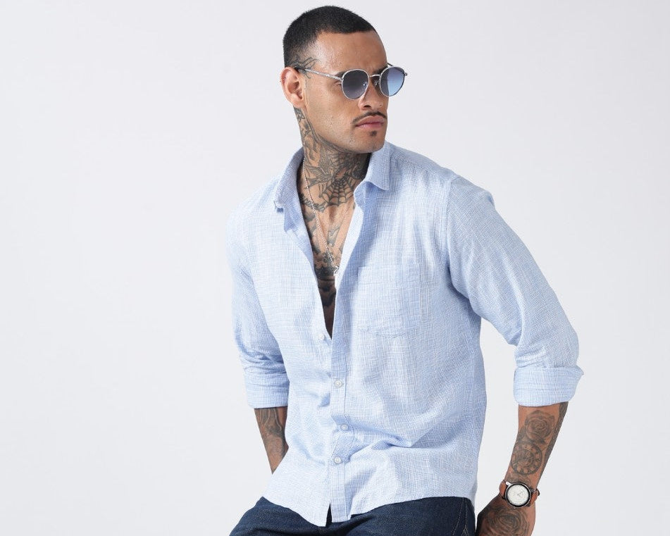 Powder Blue Micro-Check Cotton Shirt