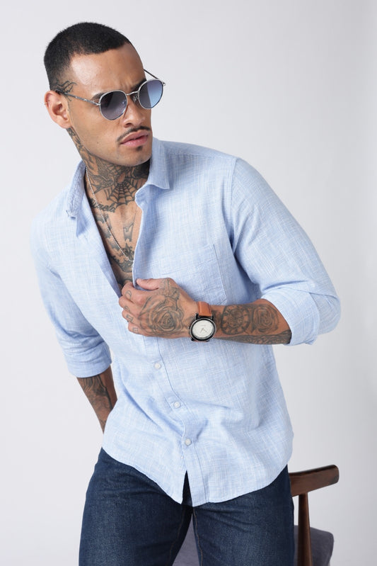Powder Blue Micro-Check Cotton Shirt
