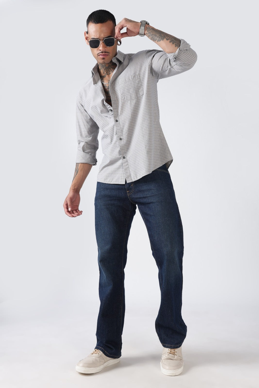 Cloud Grey Micro Check Cotton Shirt