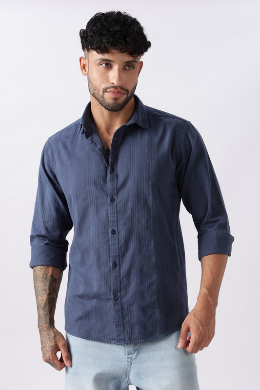 Steel Blue Textured Stripe Cotton Shirt