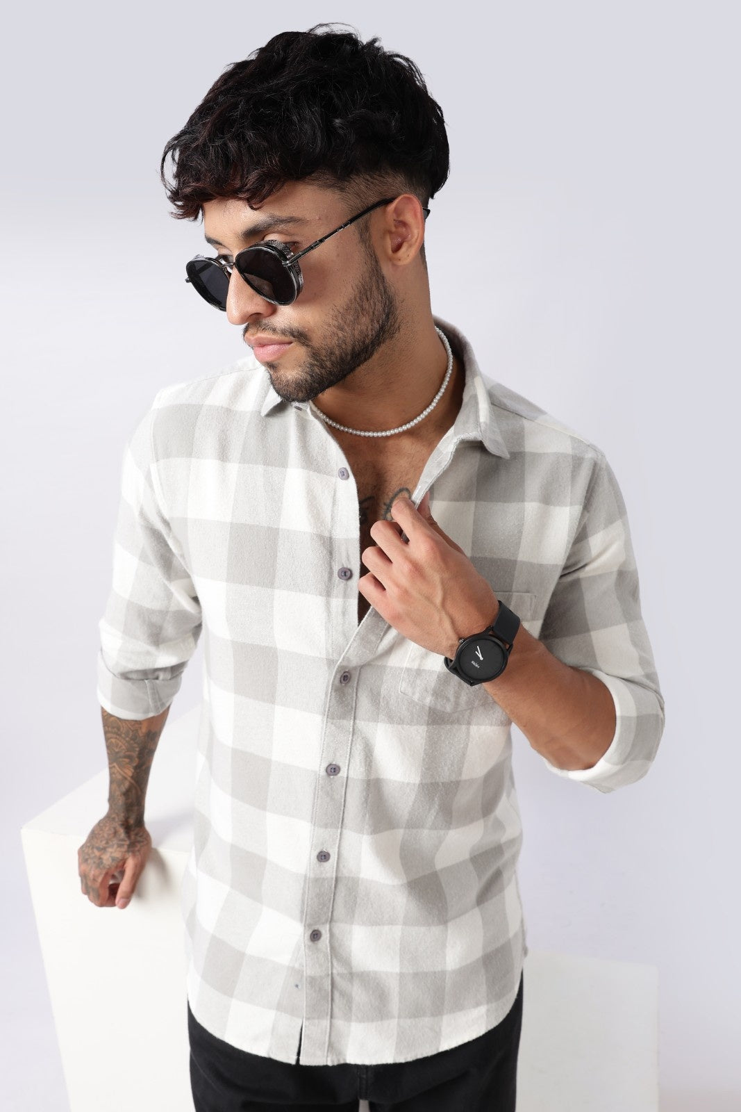 Mist Grey Buffalo Check Casual Shirt