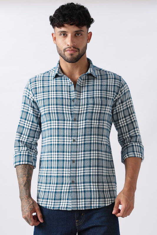 Teal Twill Check Regular Fit Cotton Shirt
