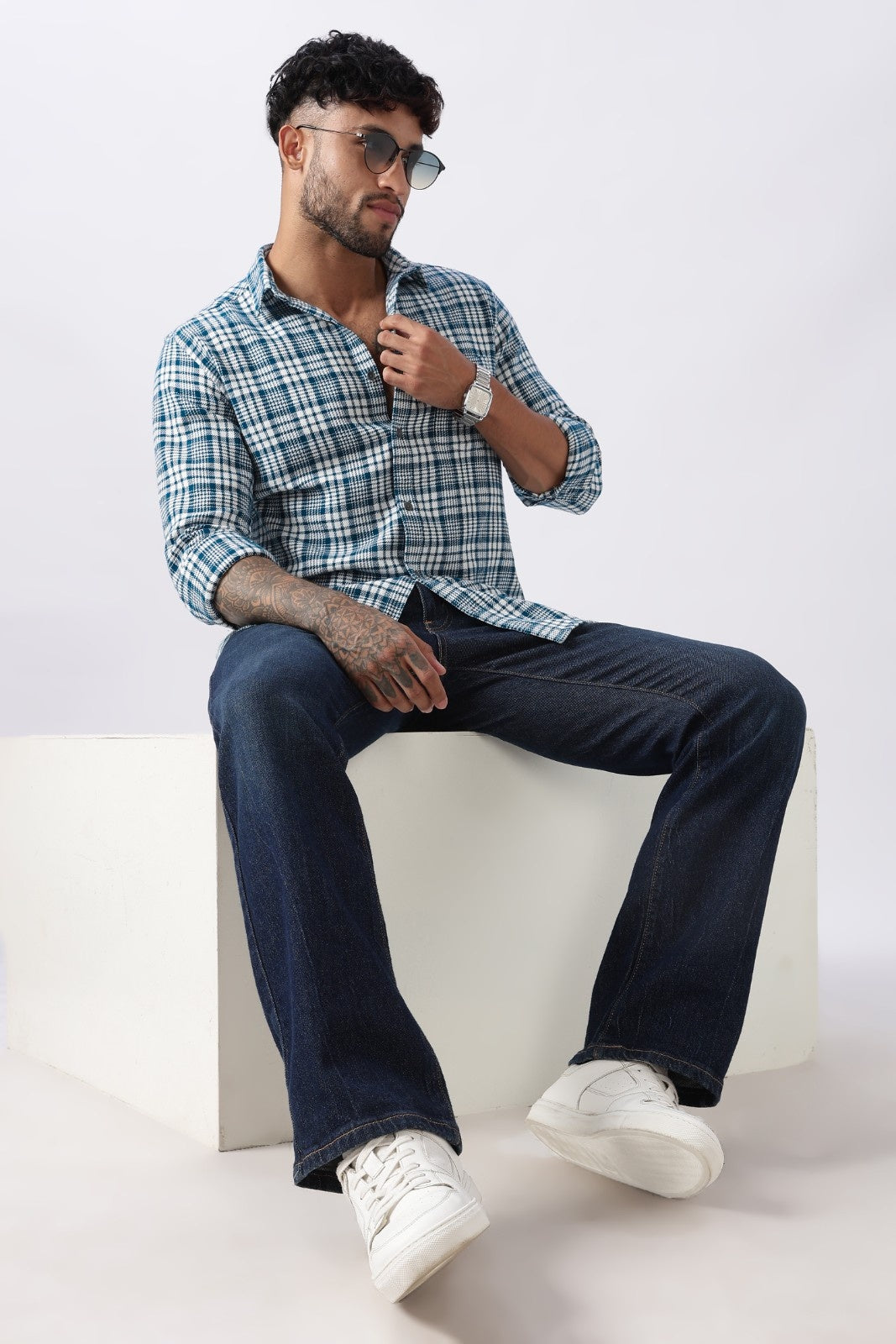 Teal Twill Check Regular Fit Cotton Shirt