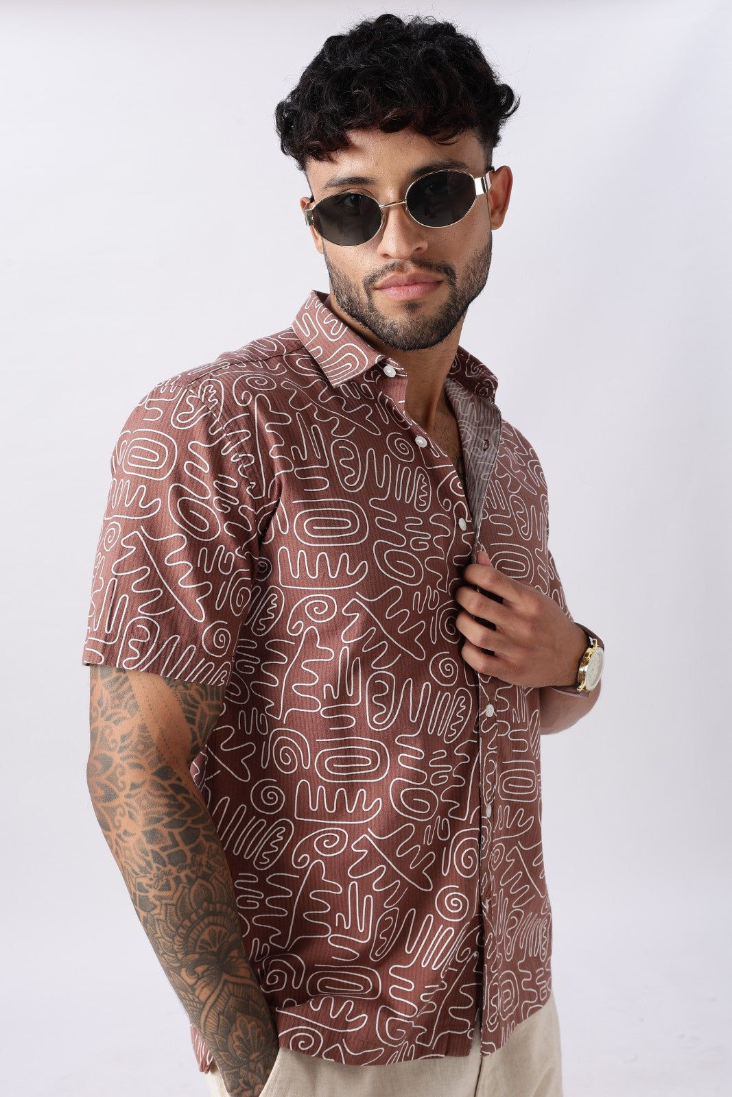 Mocha Brown Abstract Print Cotton Shirt