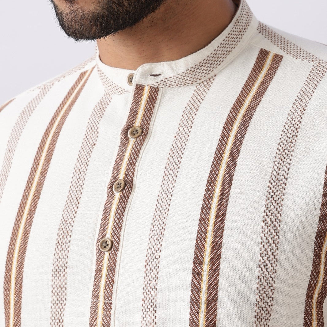 Off White Dobby Stripe Short Kurta