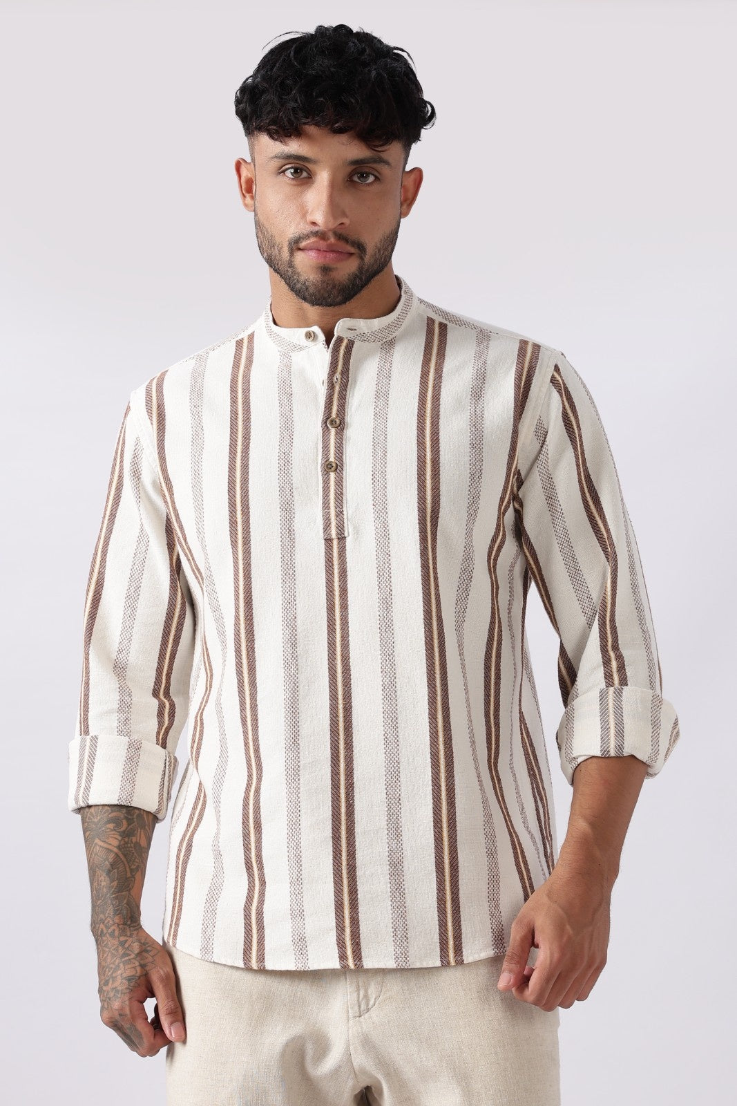 Off White Dobby Stripe Short Kurta