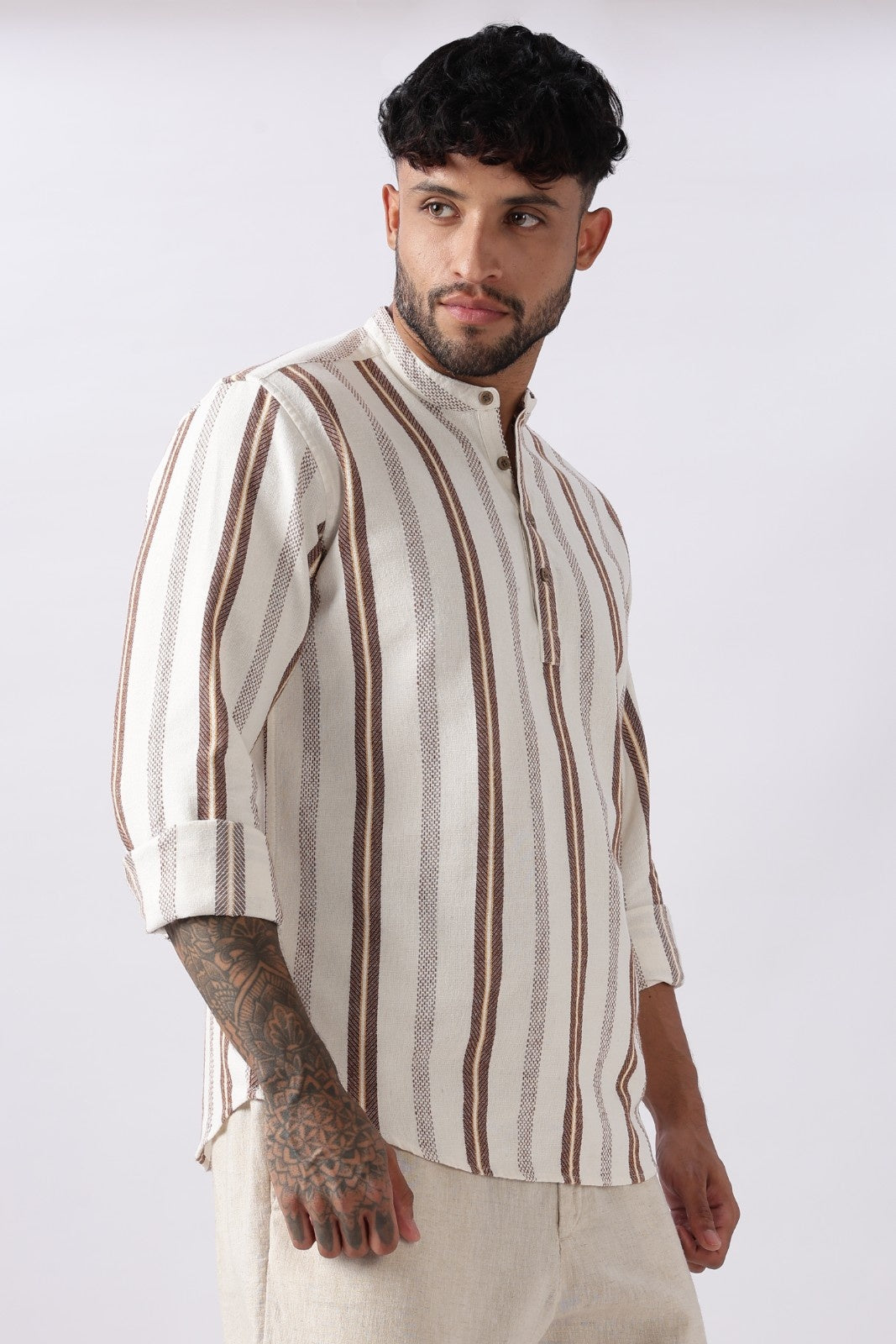 Off White Dobby Stripe Short Kurta