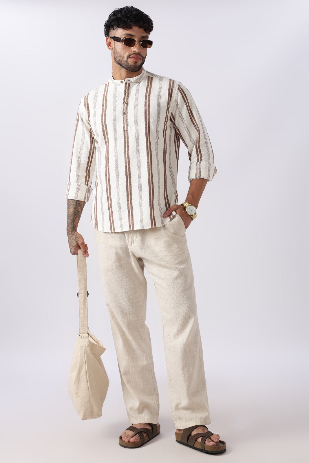 Off White Dobby Stripe Short Kurta