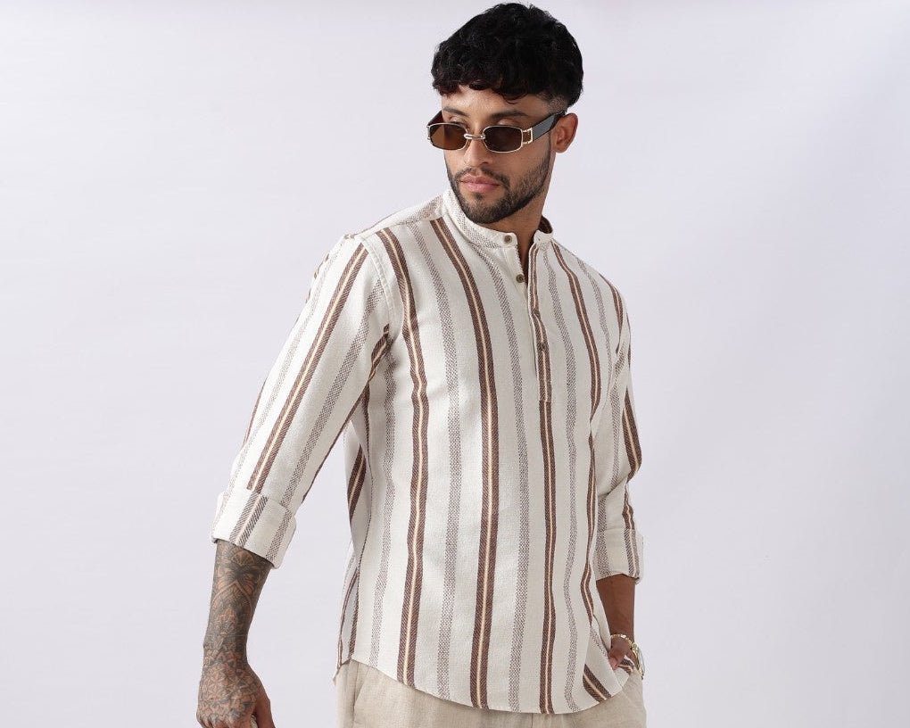 Off White Dobby Stripe Short Kurta