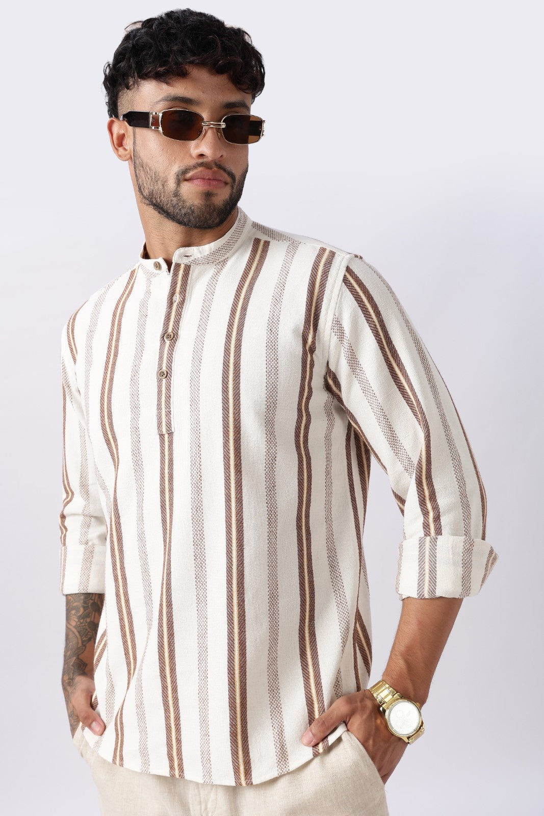 Off White Dobby Stripe Short Kurta