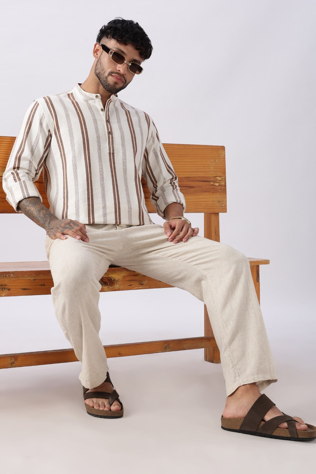 Off White Dobby Stripe Short Kurta