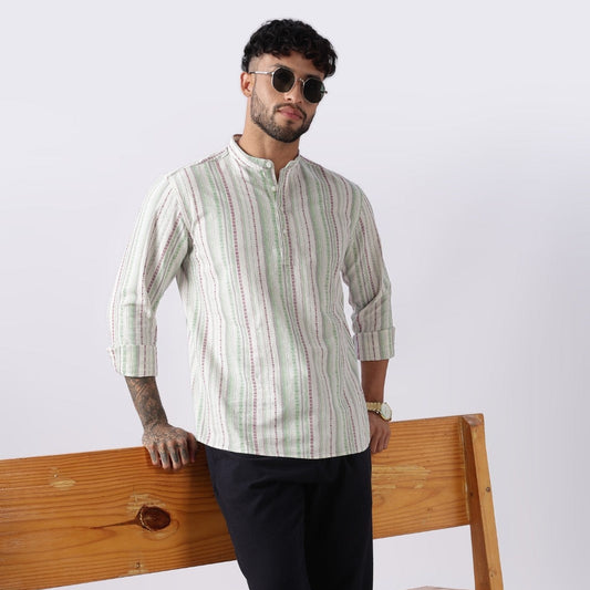 Ivory Green Dobby Stripe Short Kurta