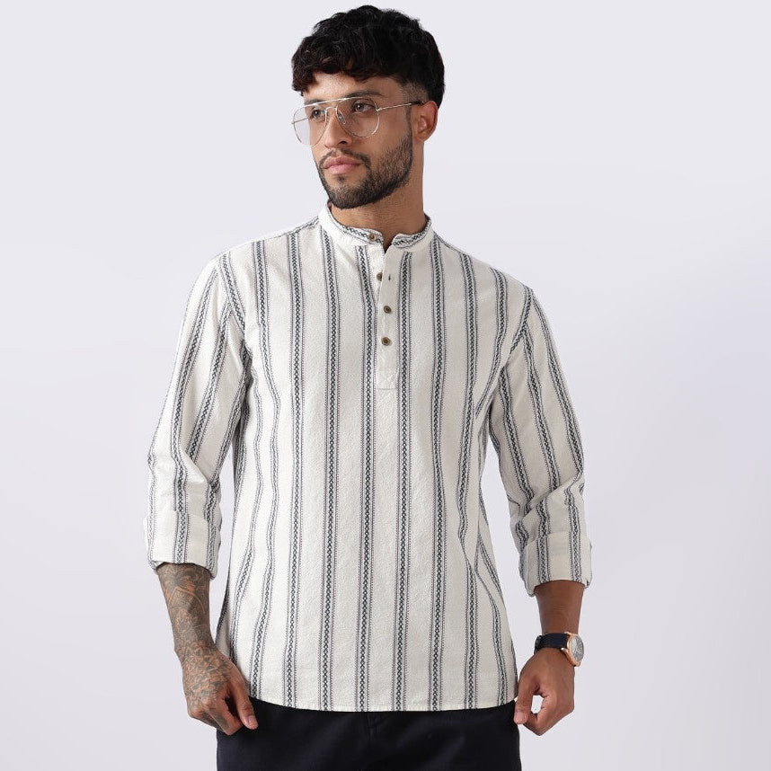 Off White Blue Dobby Stripe Short Kurta