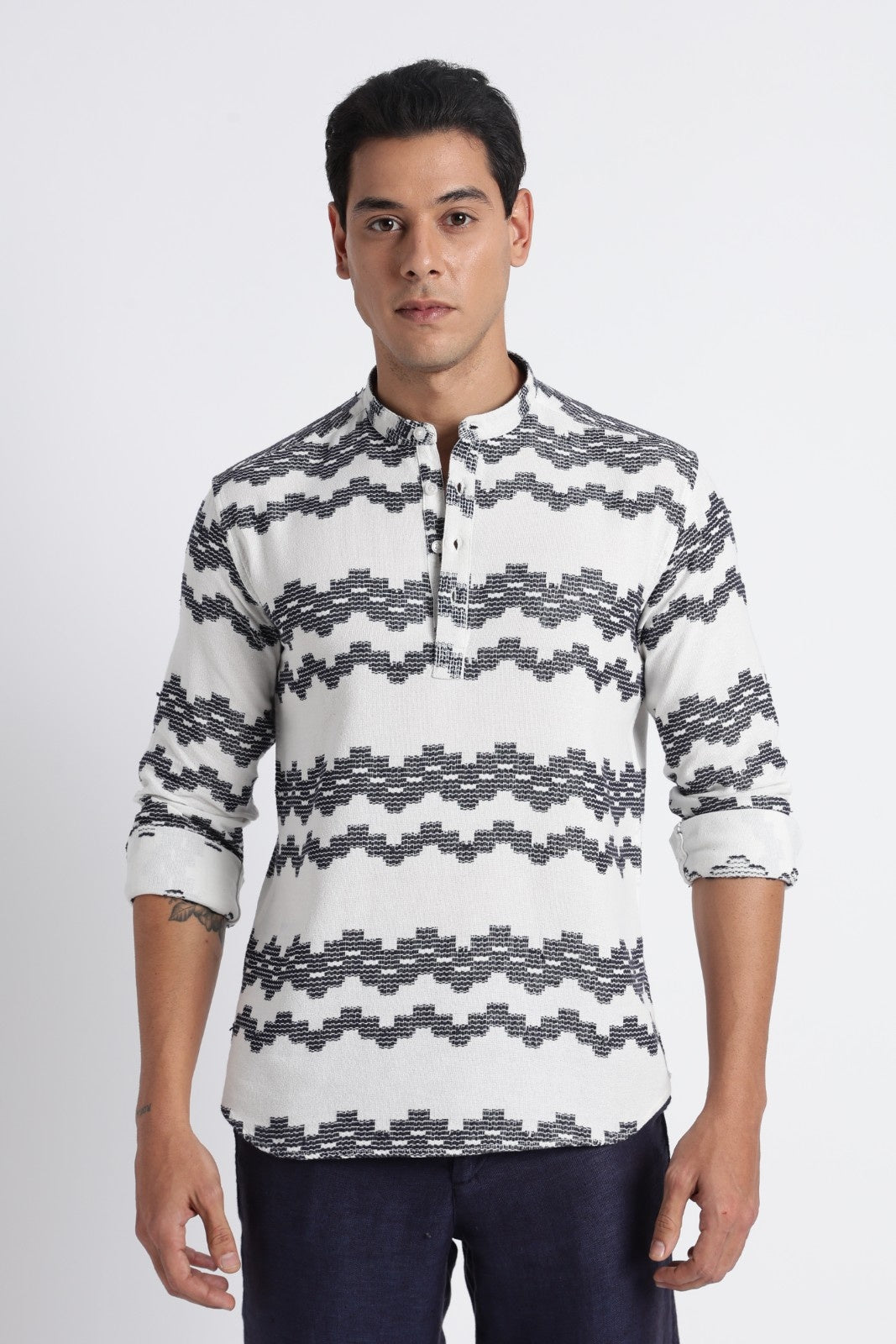 White Navy Dobby Short Kurta