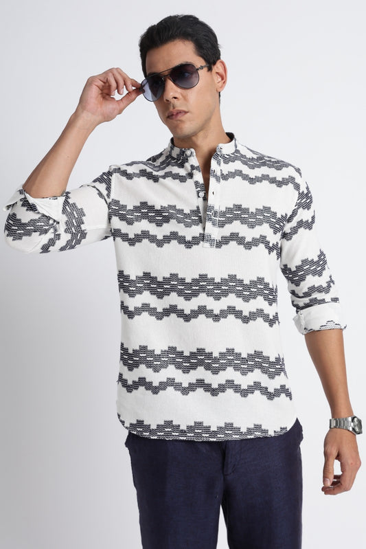 White Navy Dobby Short Kurta