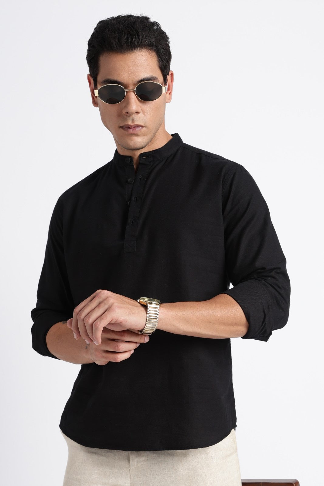 Classic Black Textured Short Kurta