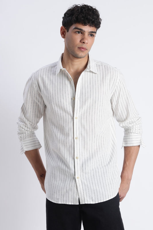 Soft White Pinstripe Linen Blend Shirt