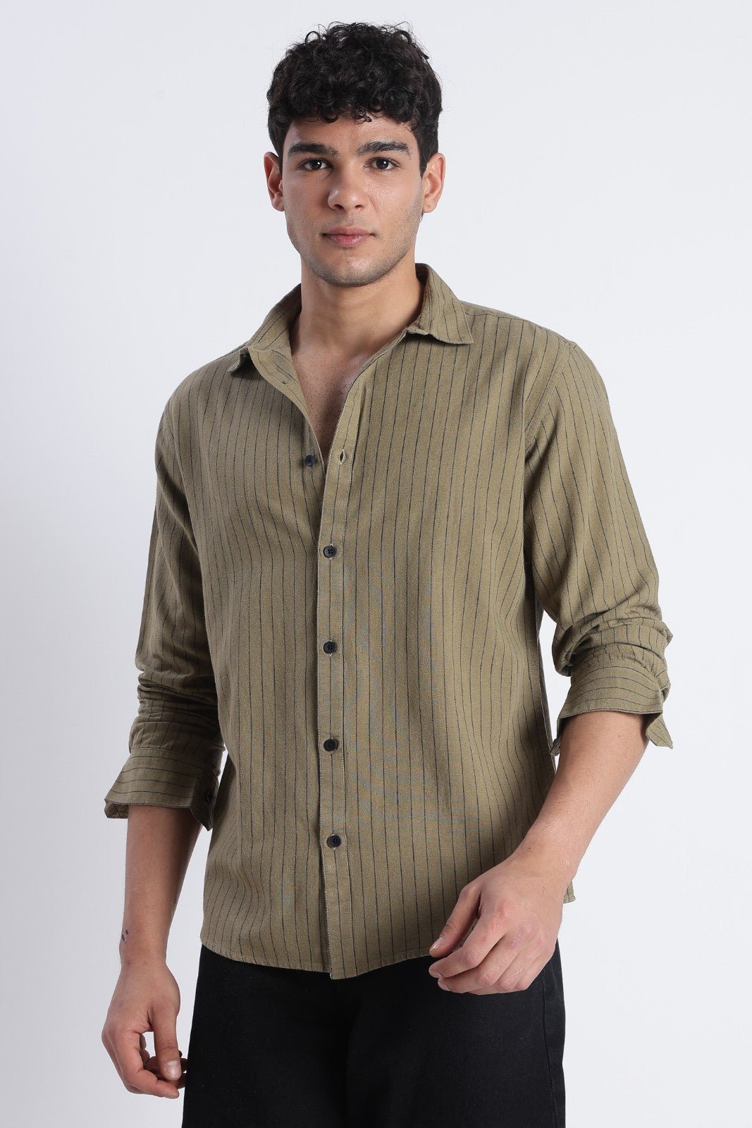 Dark Olive Pinstripe Linen Blend Shirt