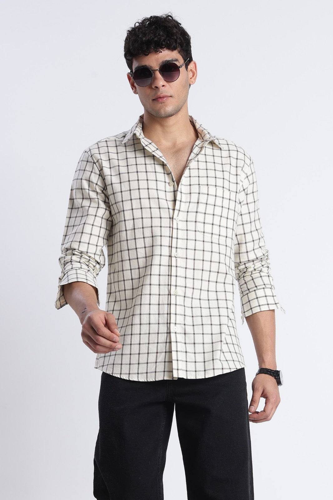 Ivory Twill Check Casual Shirt