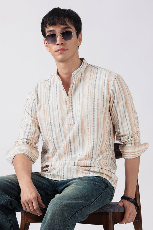 Ivory Orange Dobby Stripe Short Kurta