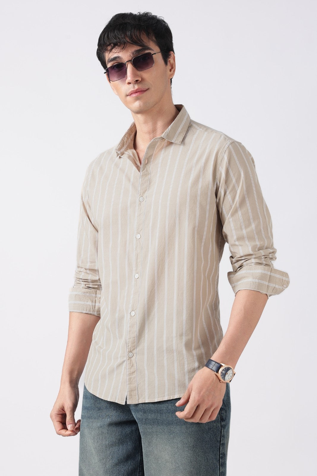 Beige Mist Subtle Stripe Cotton Shirt