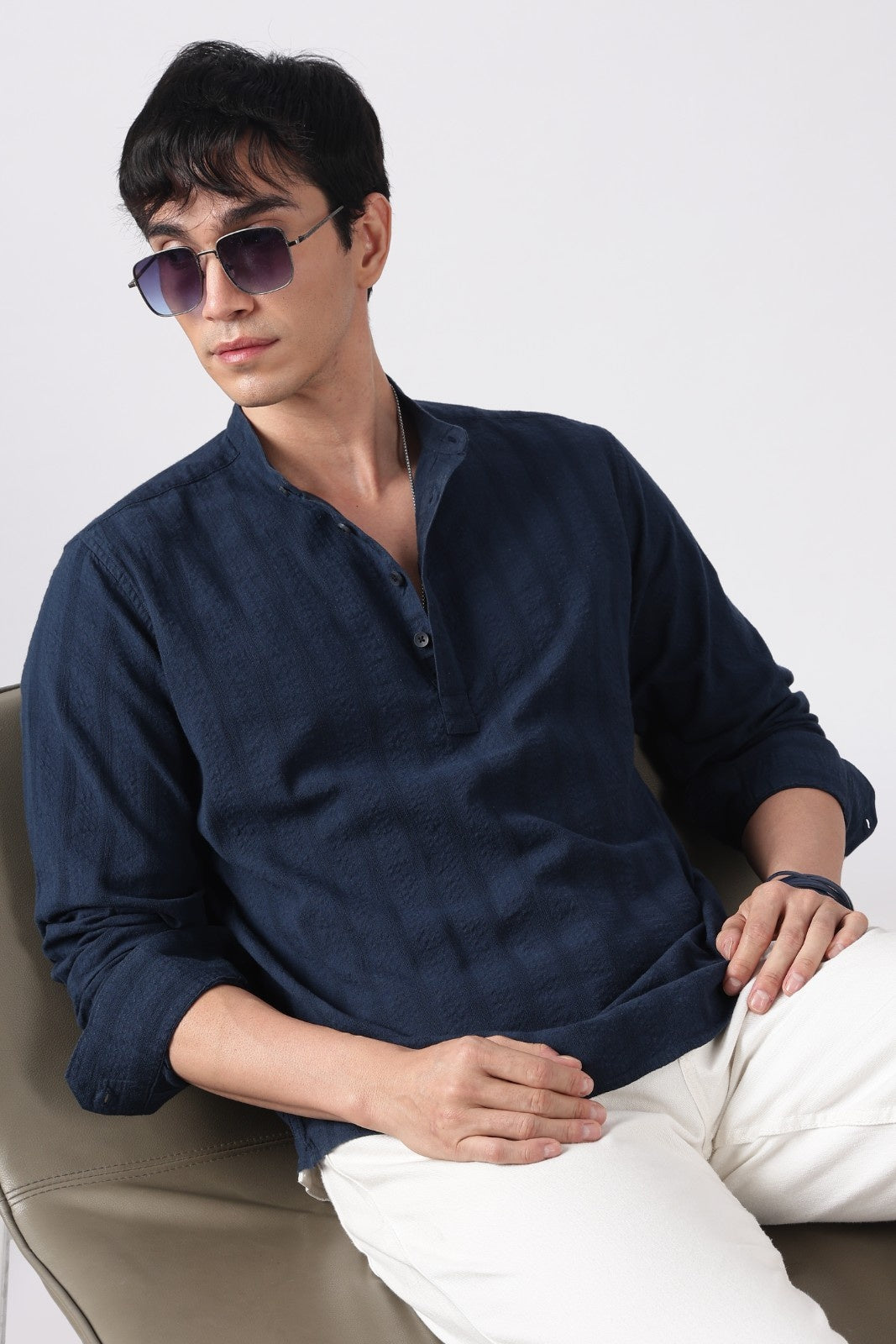 Navy Seersucker Short Kurta