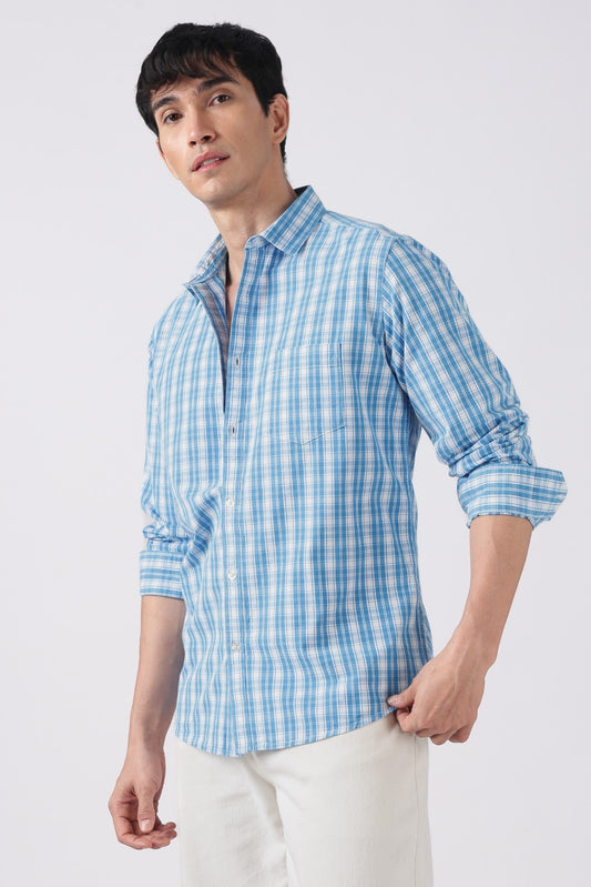 Sky Blue Check Cotton Casual Shirt
