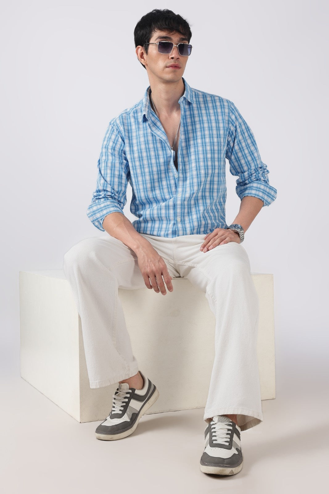 Sky Blue Check Cotton Casual Shirt
