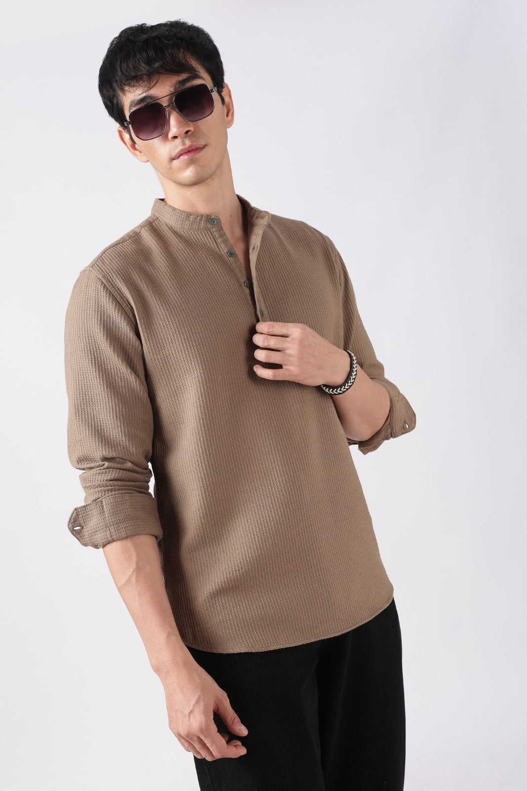 Muted Brown Waffle Textured Short Kurta