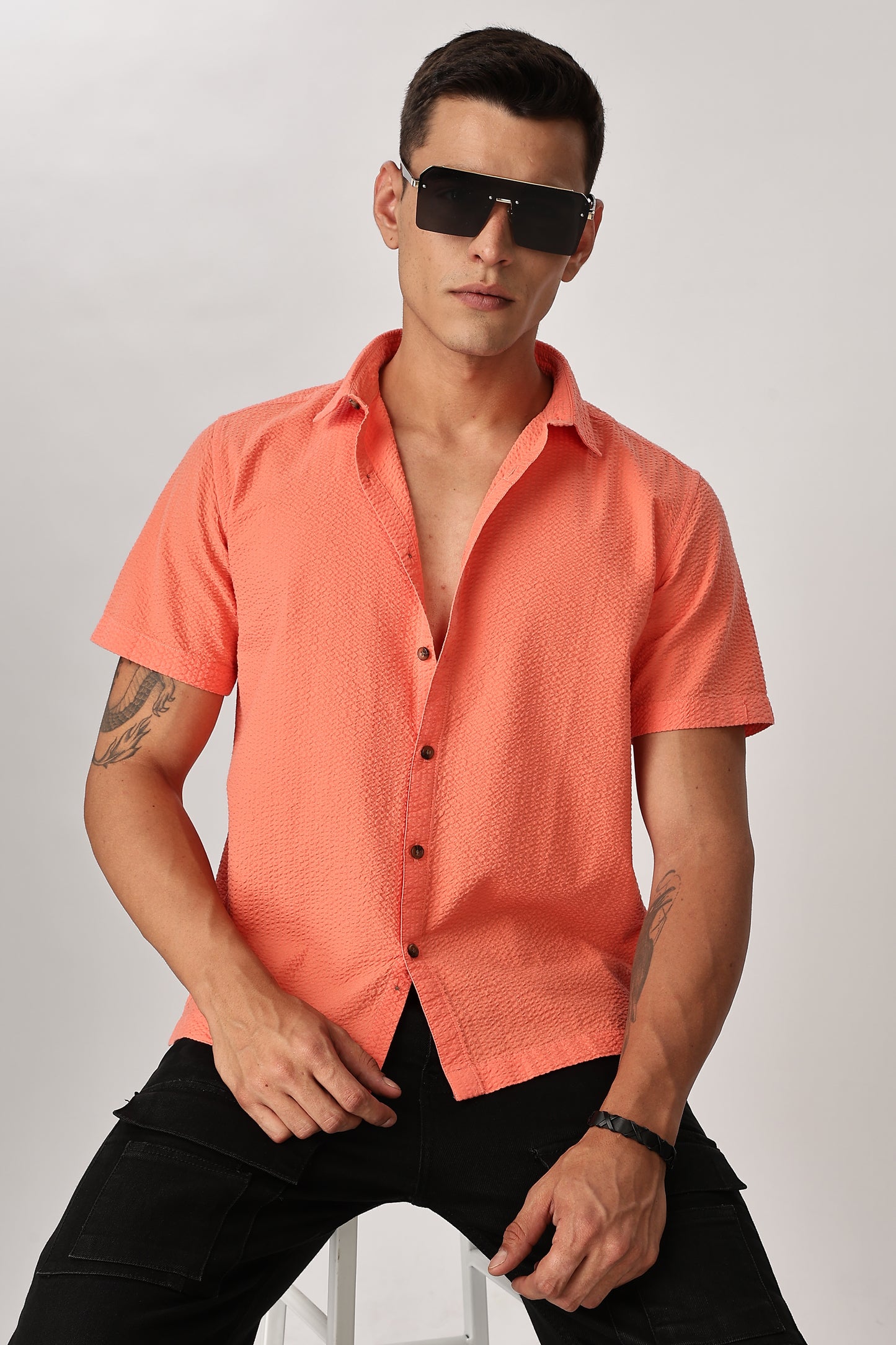 Uri Fluorescent Orange Seersucker Shirt