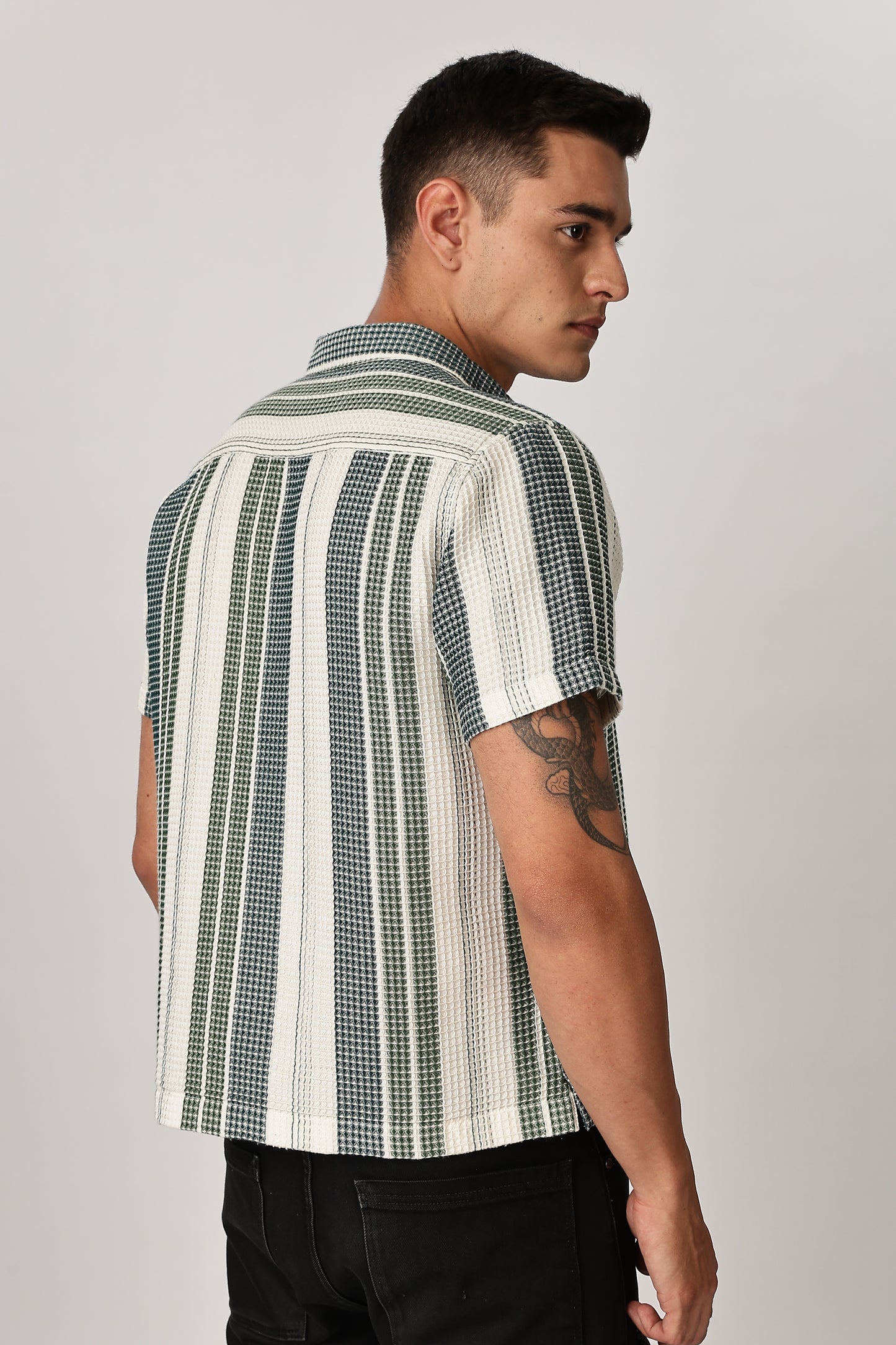 Uri Off White and Green Textured Stripe Shirt