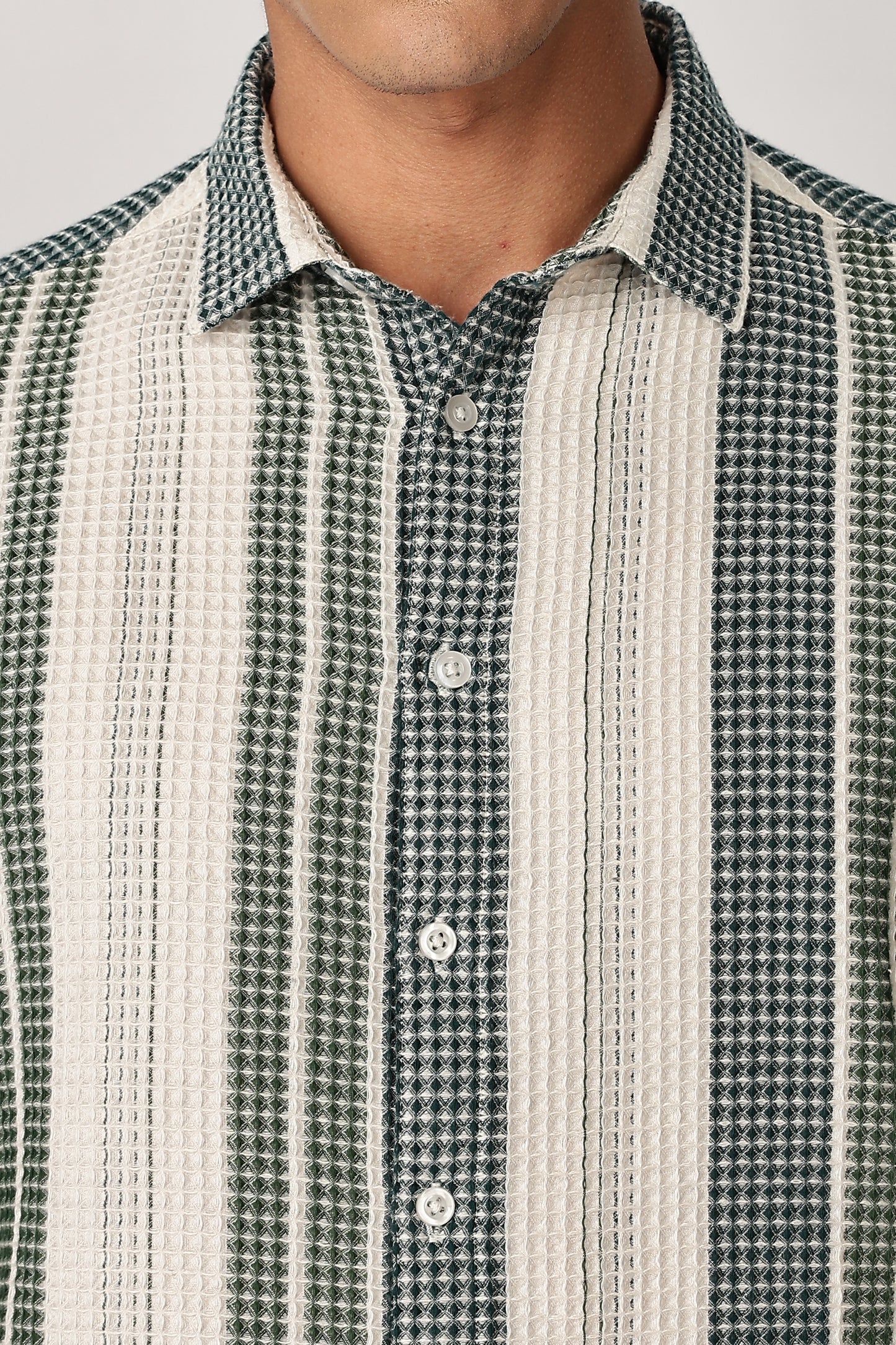 Uri Off White and Green Textured Stripe Shirt
