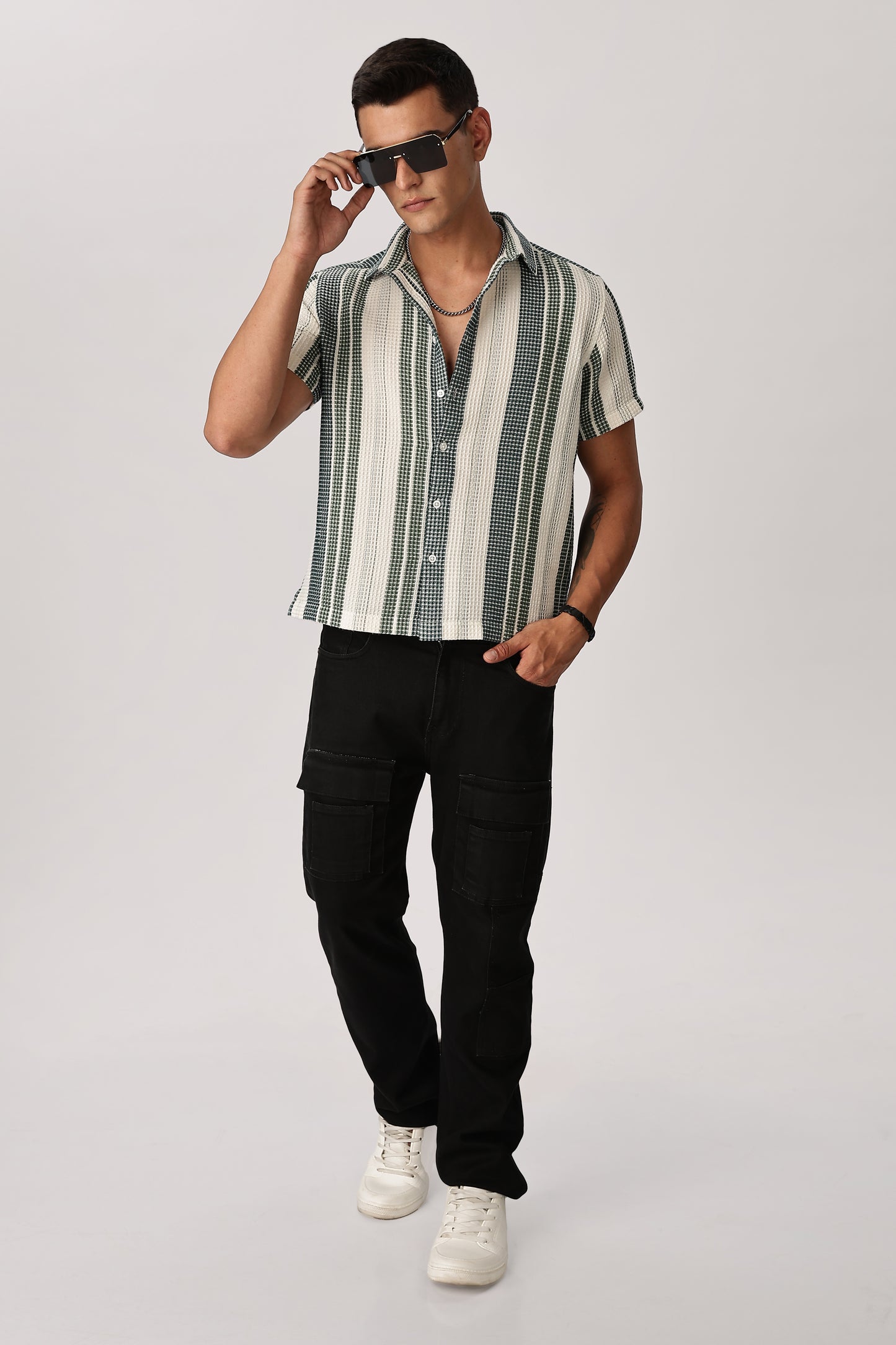 Uri Off White and Green Textured Stripe Shirt