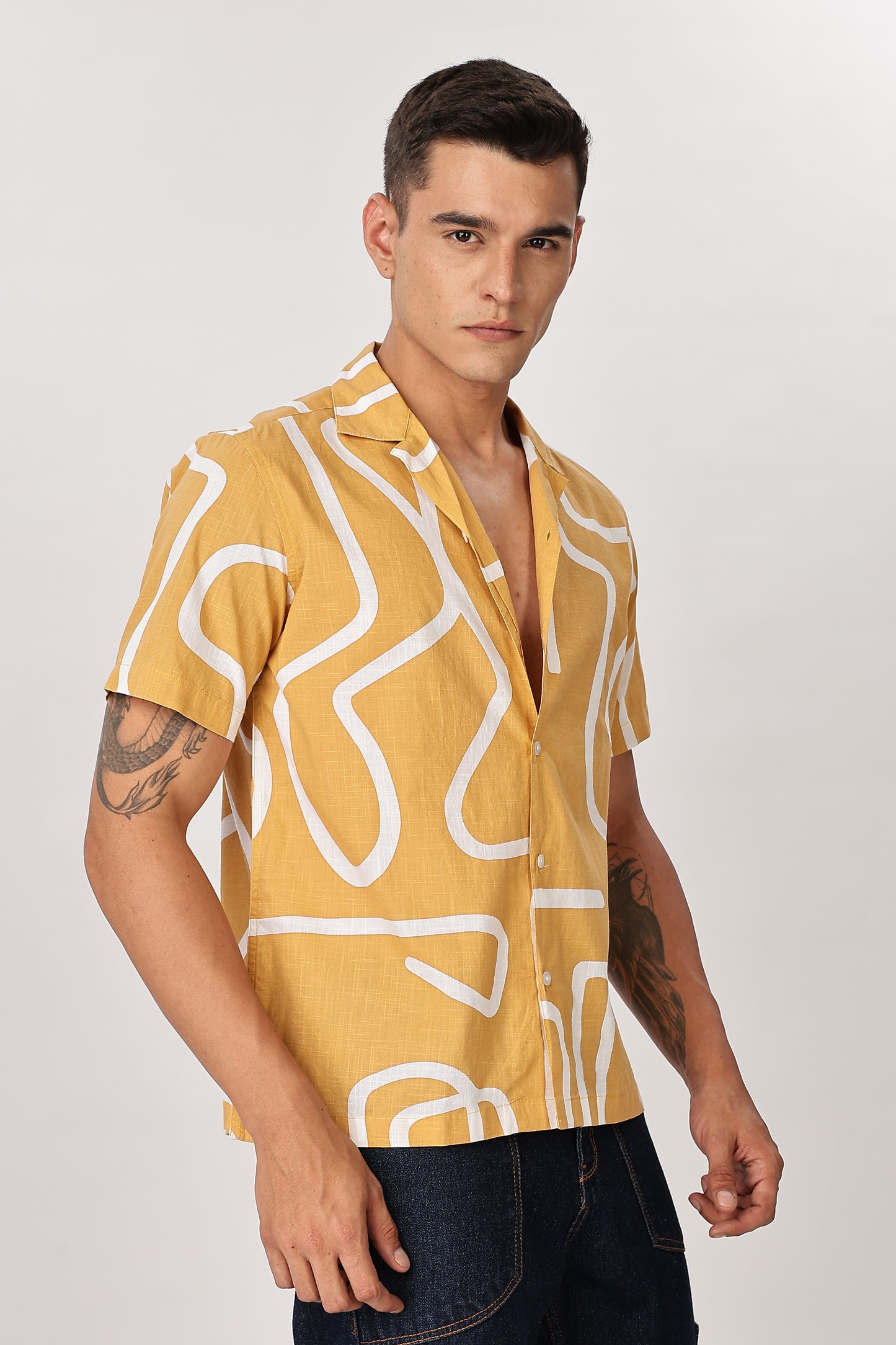 Uri Mustard Abstract Printed Cotton Shirt