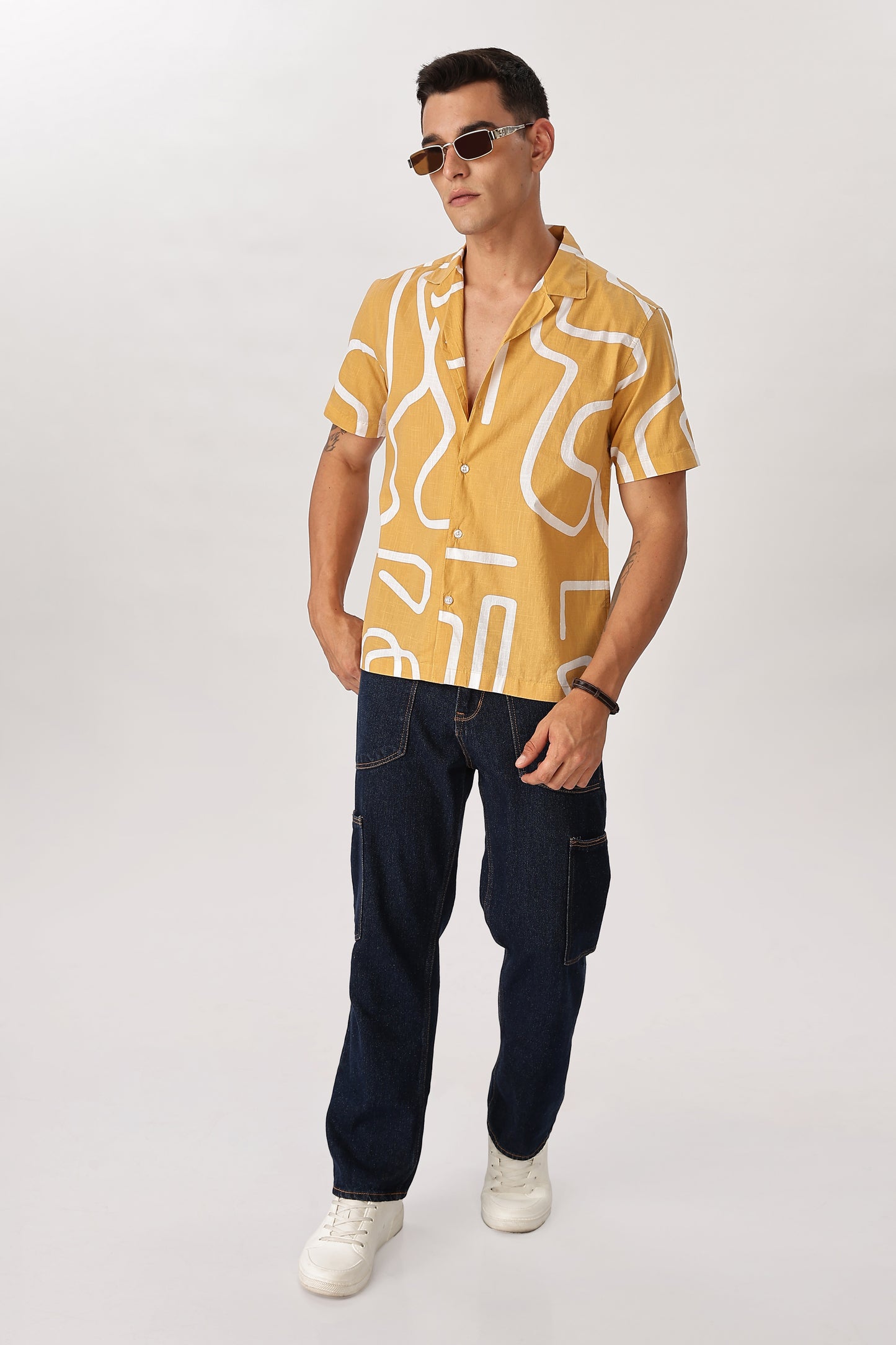 Uri Mustard Abstract Printed Cotton Shirt
