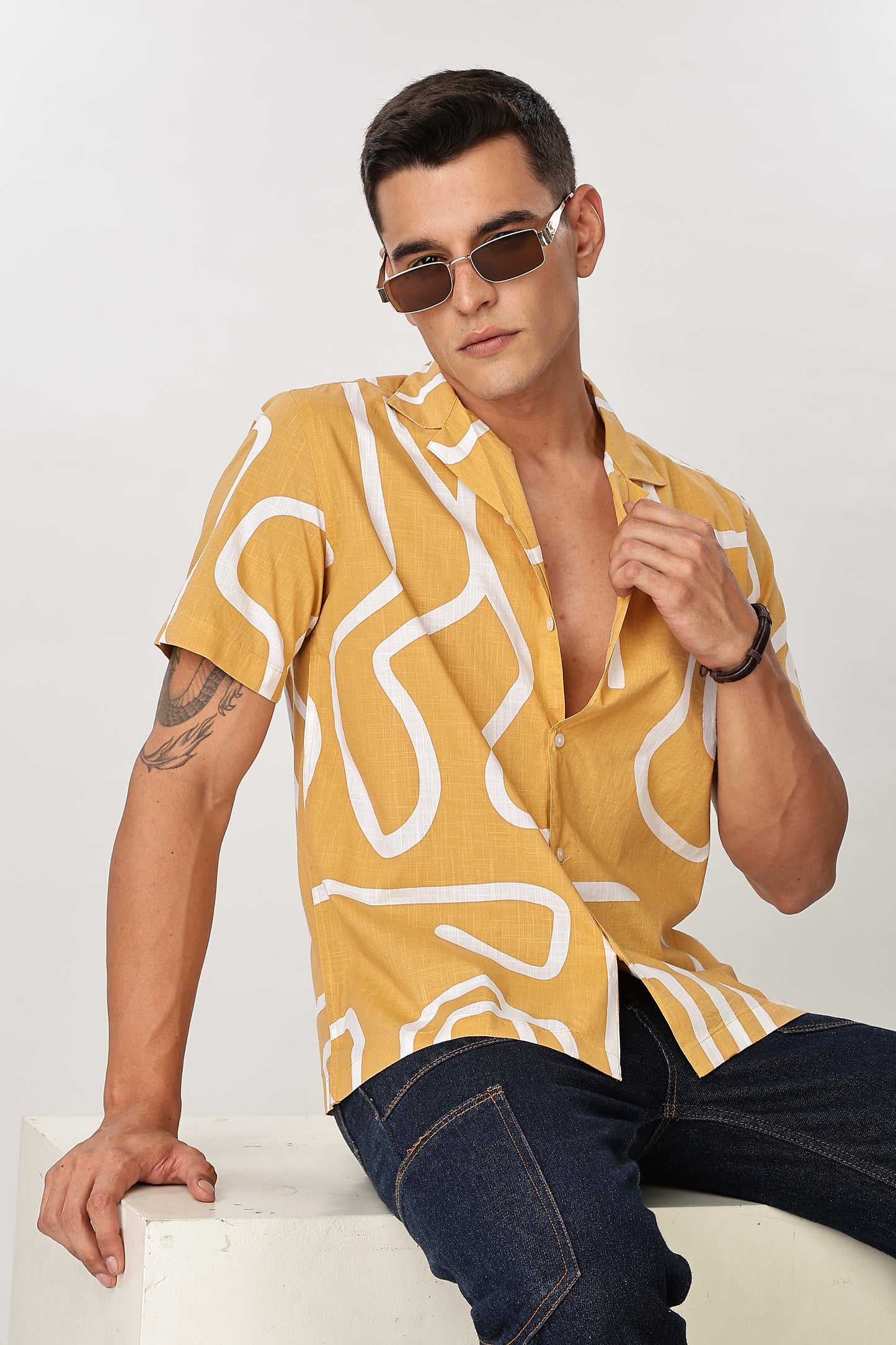 Uri Mustard Abstract Printed Cotton Shirt