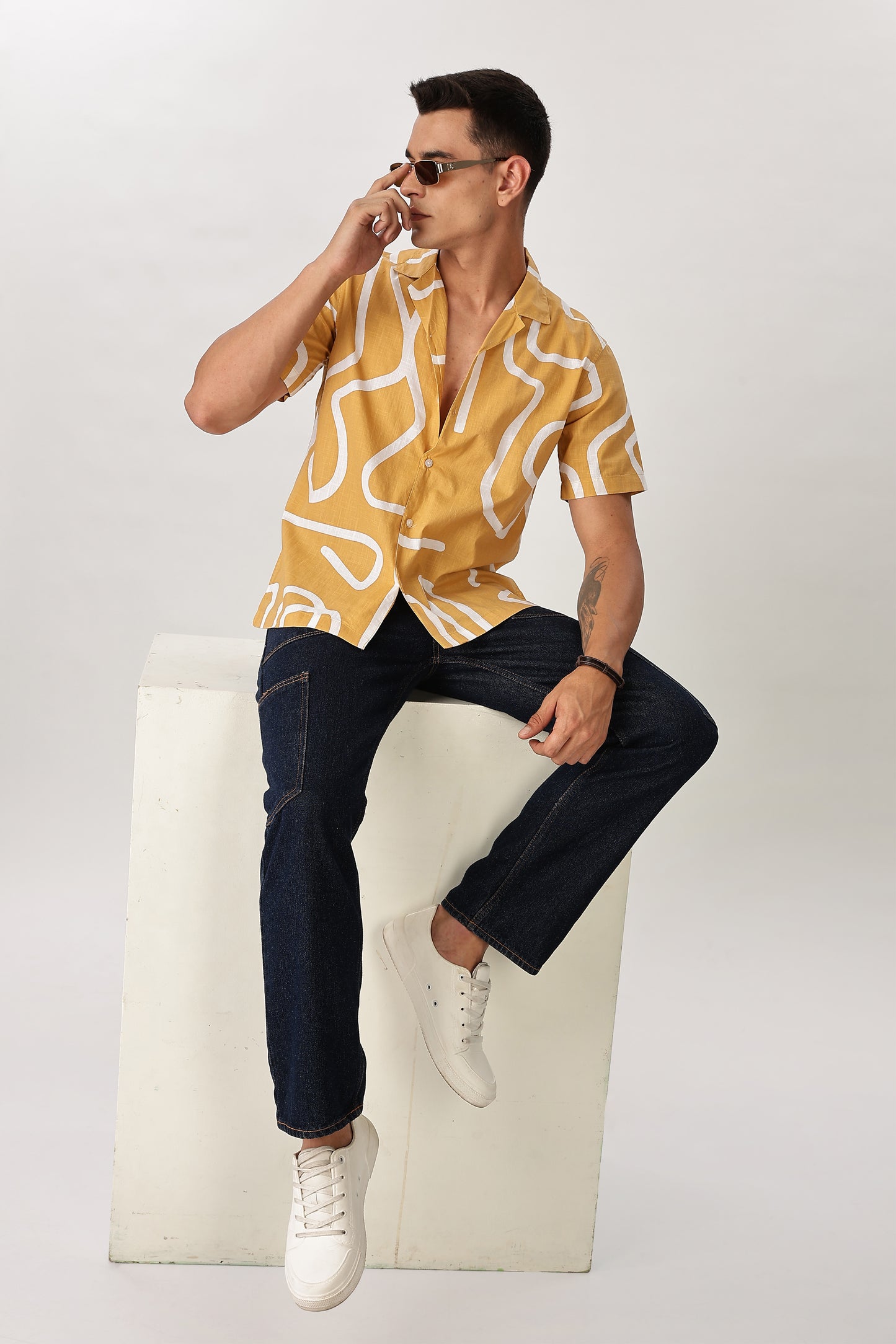 Uri Mustard Abstract Printed Cotton Shirt