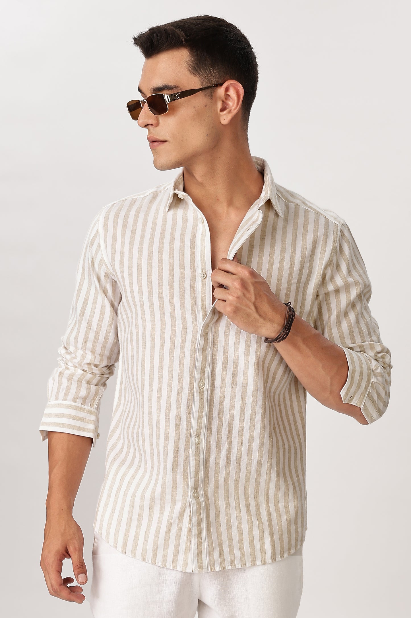 Uri Sand Striped Linen Blend Shirt