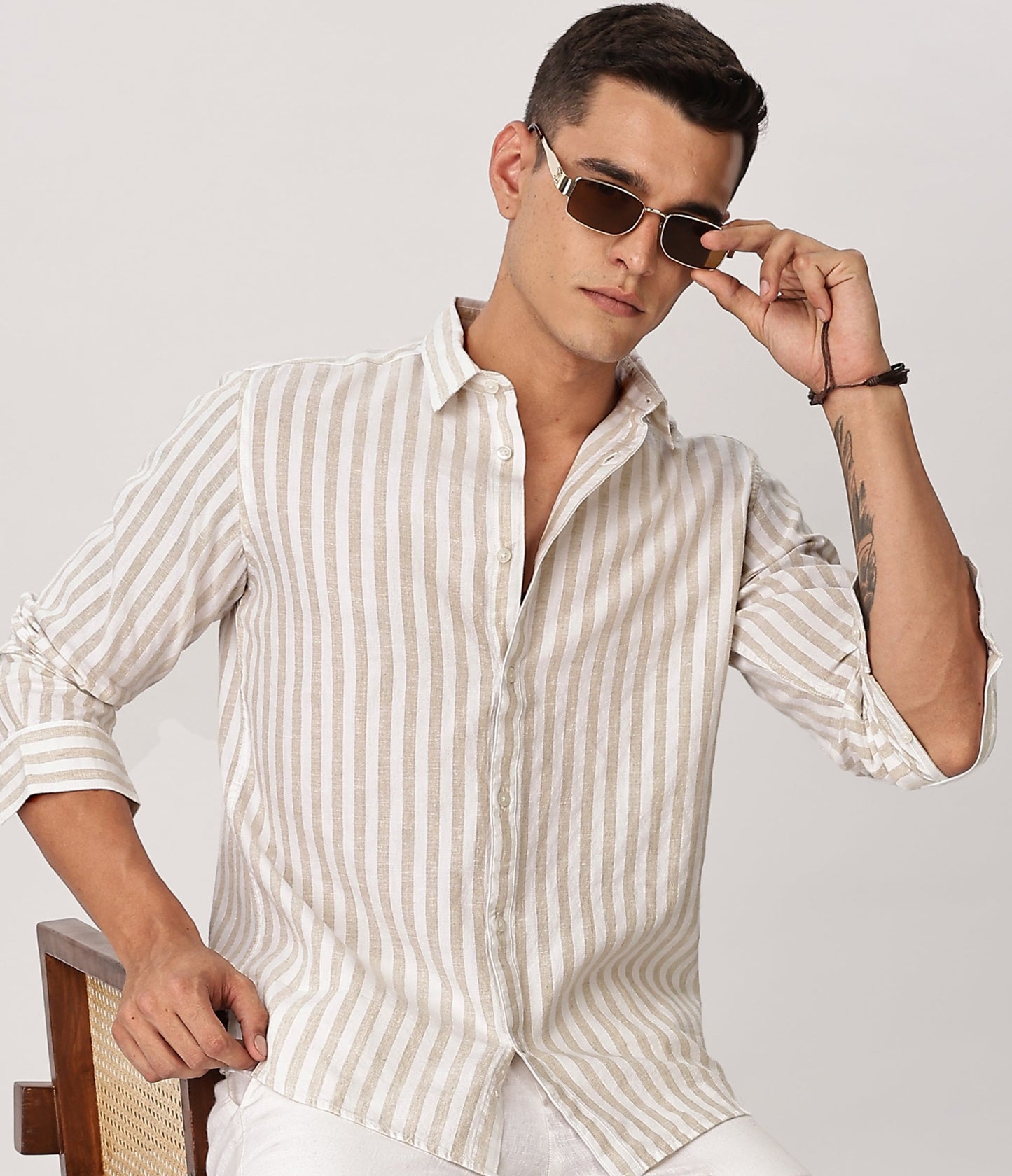 Uri Sand Striped Linen Blend Shirt