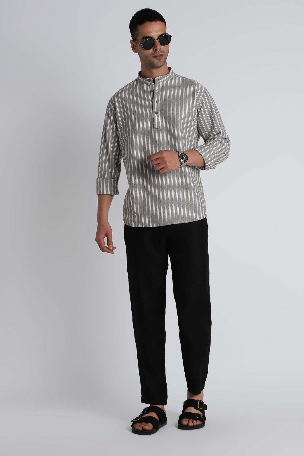 Ash Brown Pinstripe Short Kurta