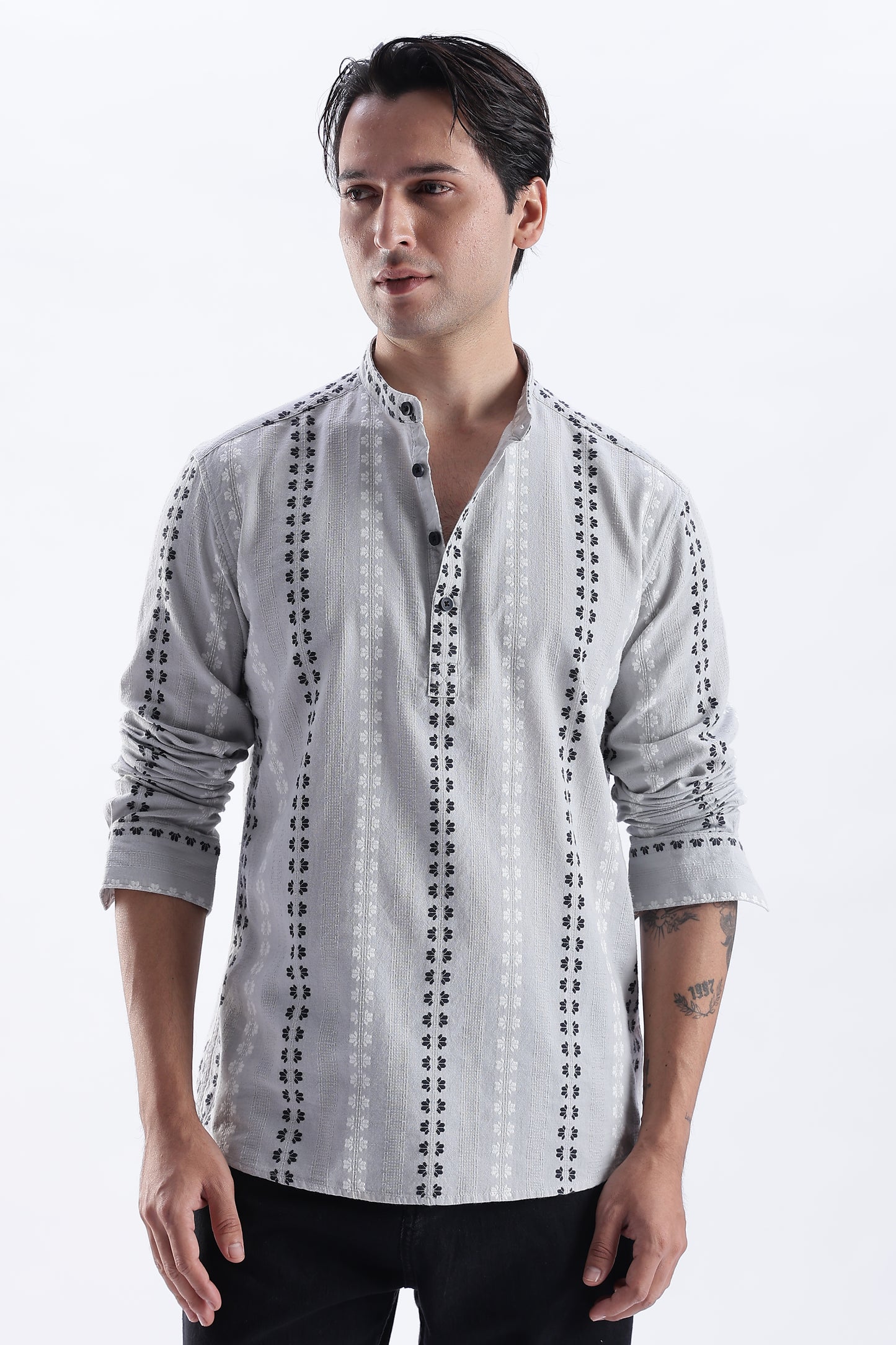 Uri Charcoal Dobby Motif Short Kurta