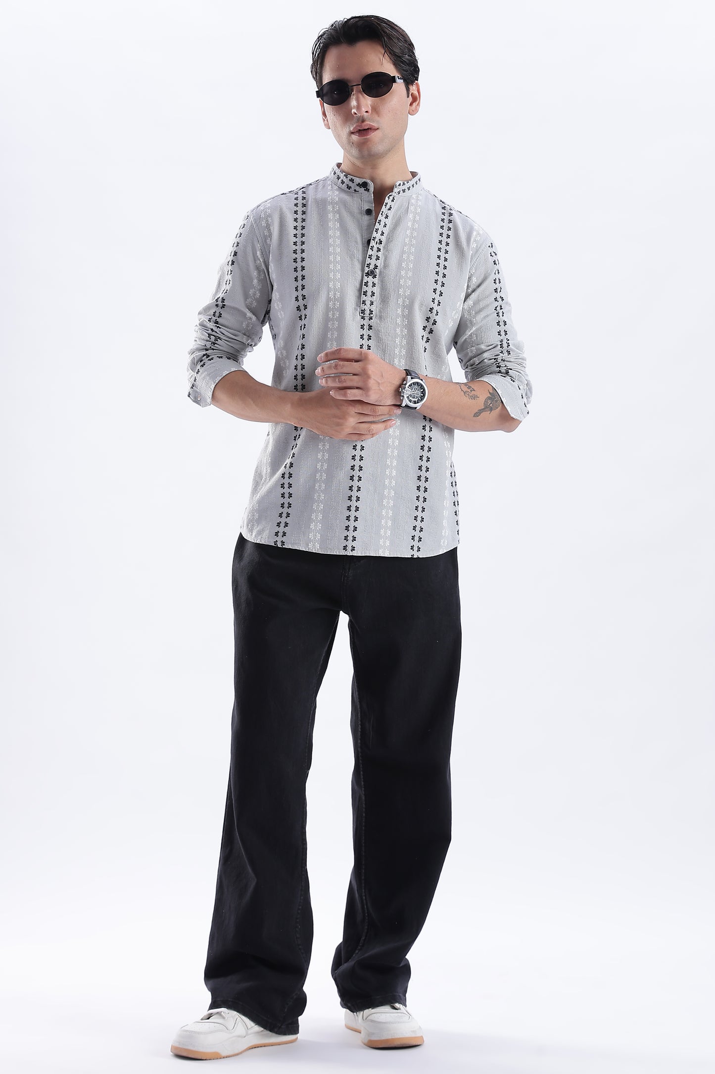 Uri Charcoal Dobby Motif Short Kurta