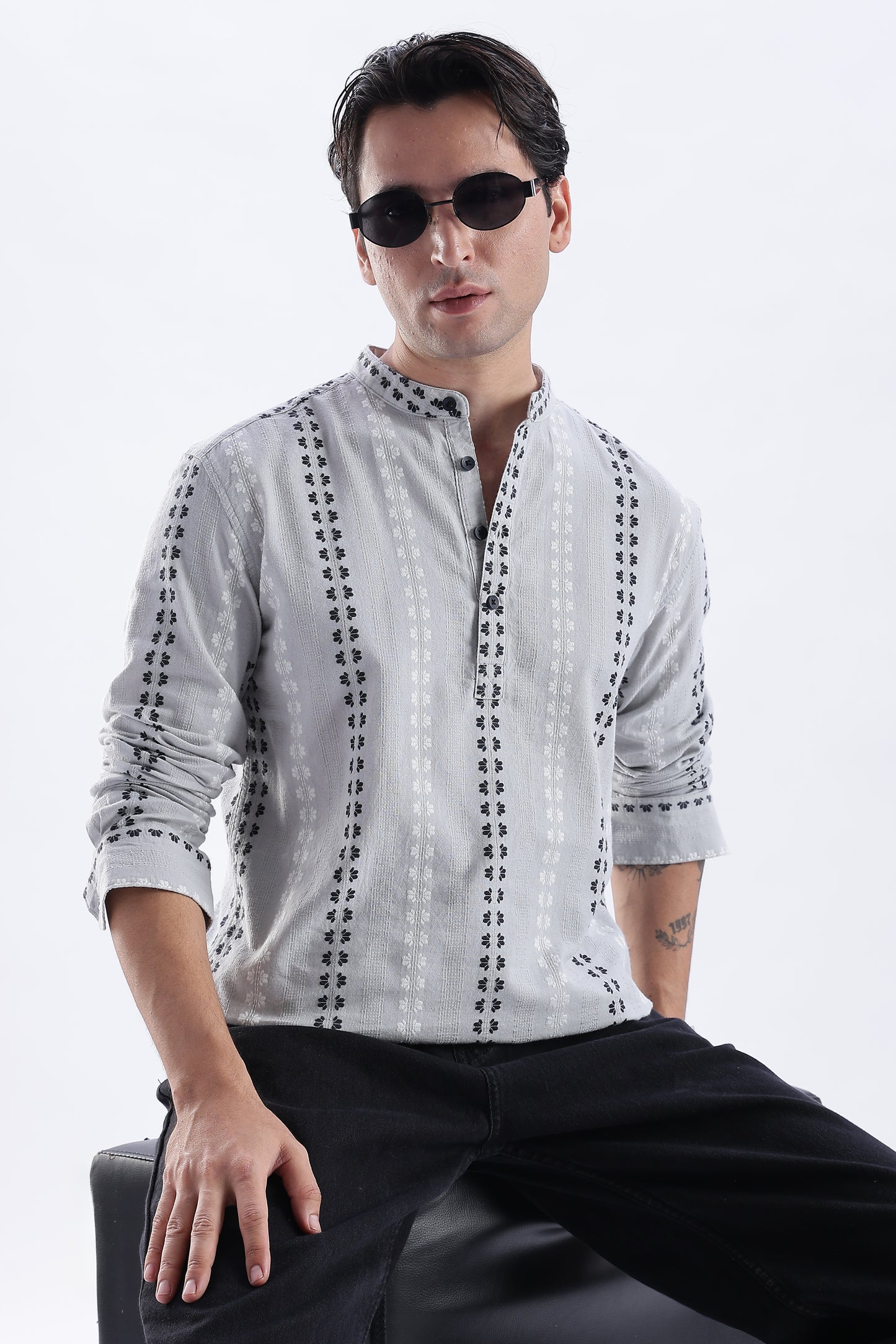 Uri Charcoal Dobby Motif Short Kurta