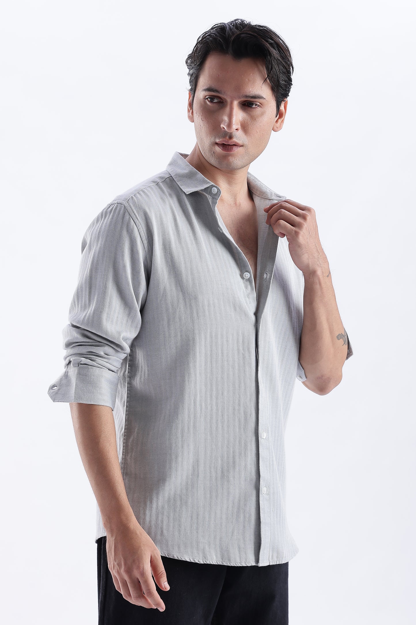 Uri Ash Grey Herringbone Cotton Shirt
