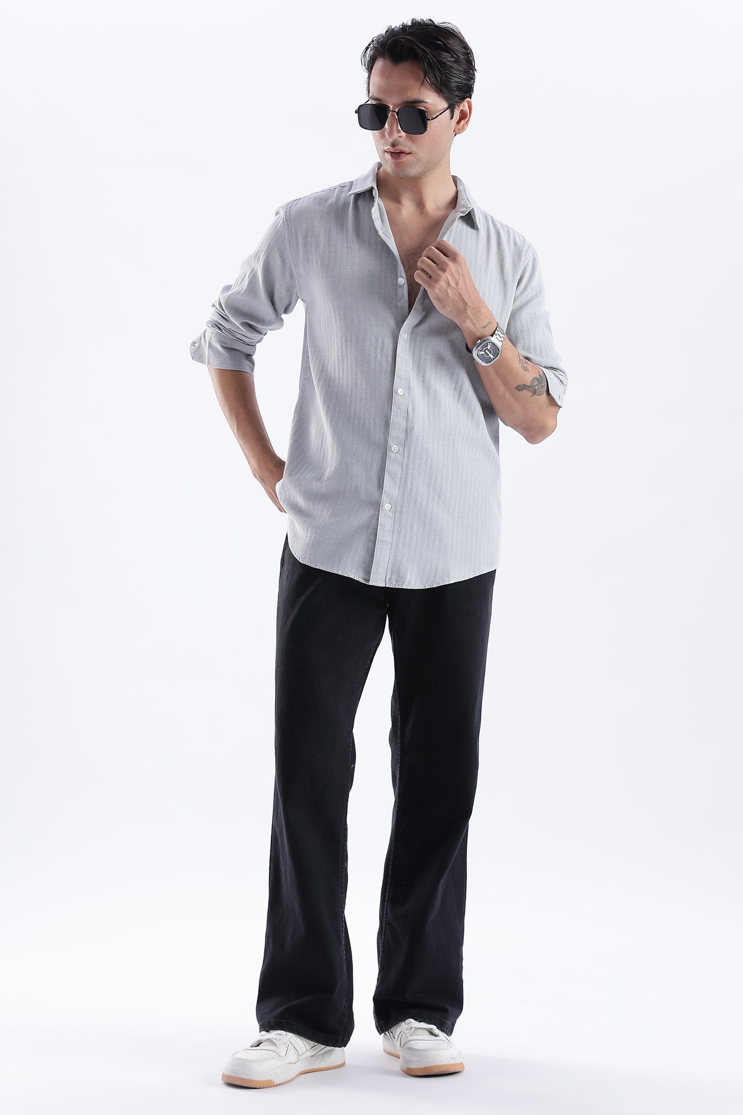Uri Ash Grey Herringbone Cotton Shirt