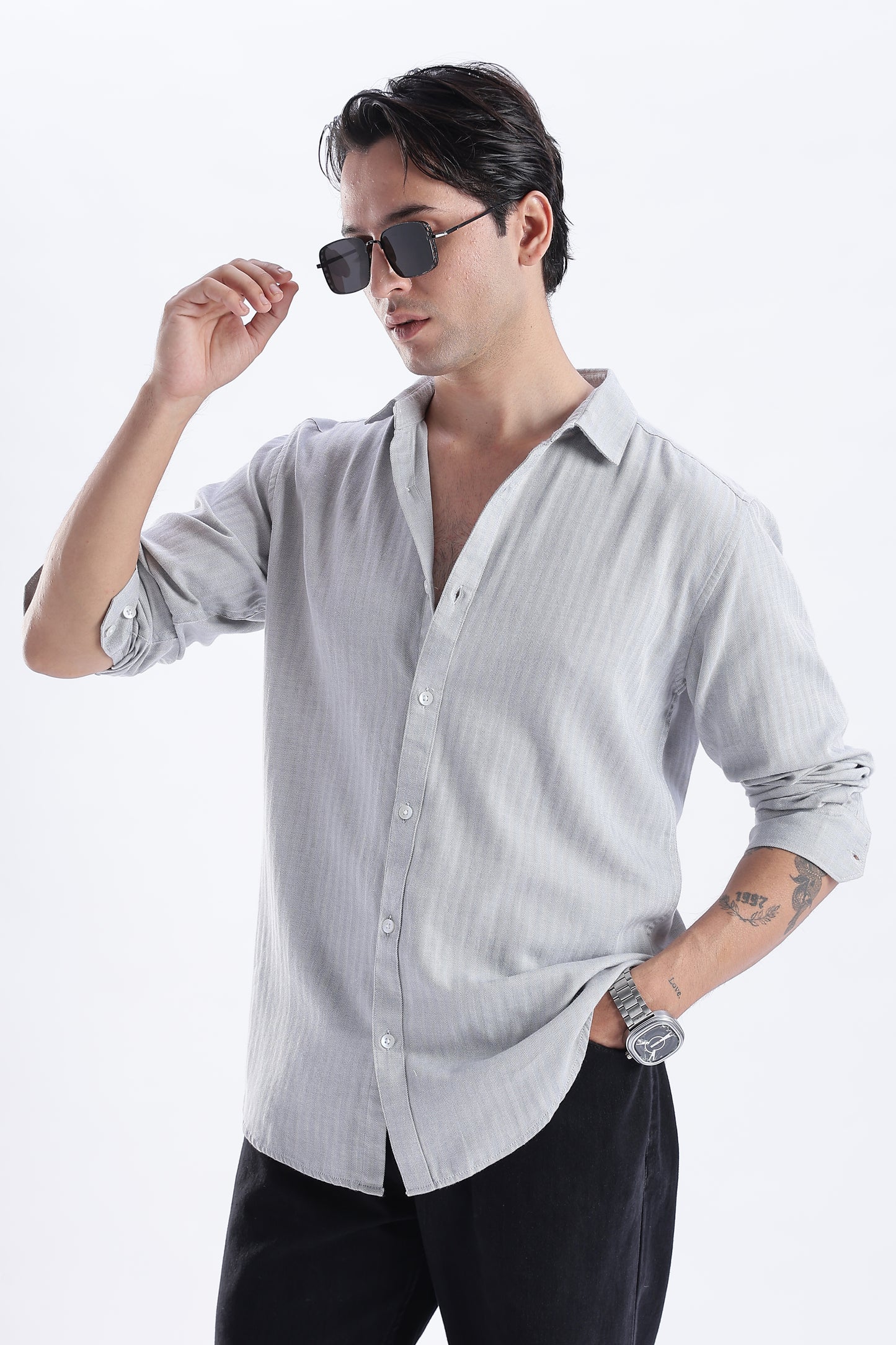 Uri Ash Grey Herringbone Cotton Shirt