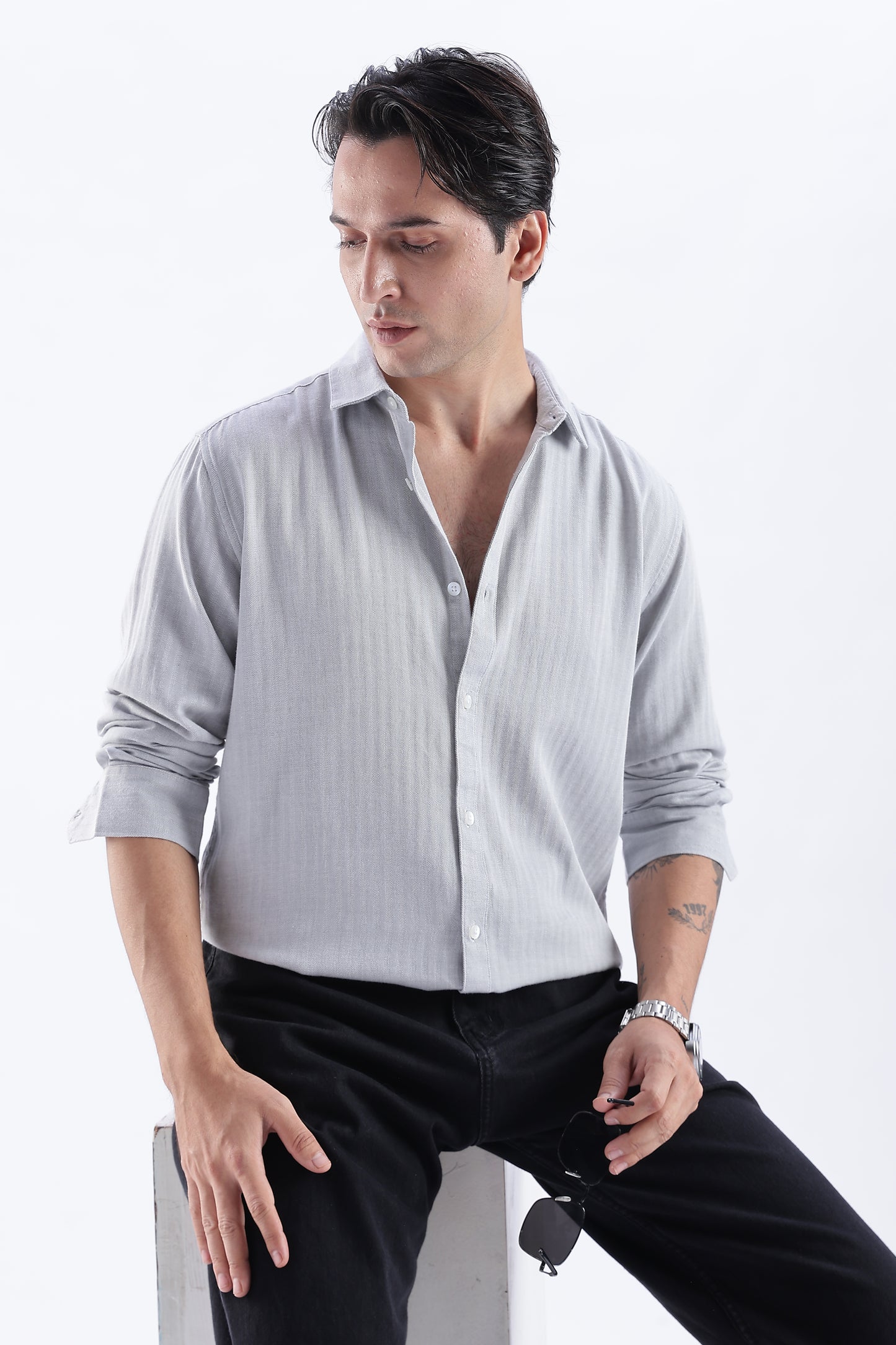 Uri Ash Grey Herringbone Cotton Shirt