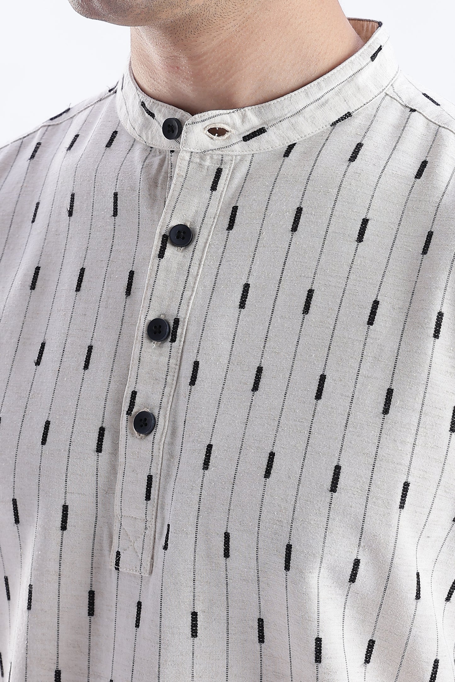 Uri Cream & Black Dobby Linen Blend Short Kurta